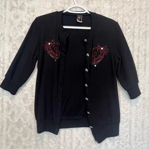 Vintage Sweet Love Metal Skull Buttons Embroidered Black Cardigan Sweater Sz M